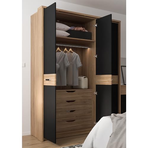 Lomadox Schlafzimmer Set 6-teilig mit Bett 140x200 in Eiche mit schwarz matt – Bild 3