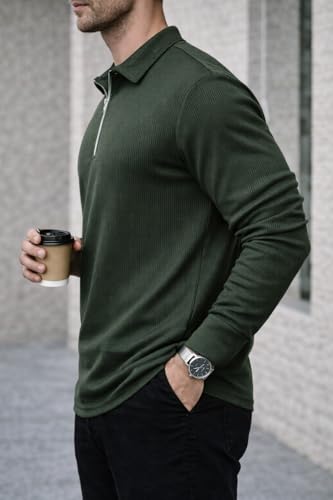 Image of Mack Jonney Men's Premium Ribbed Half-Zip Polo T-Shirt | Long Sleeve Soft Stretch Fabric | Stylish Casual & Smart Wear Top-M6783