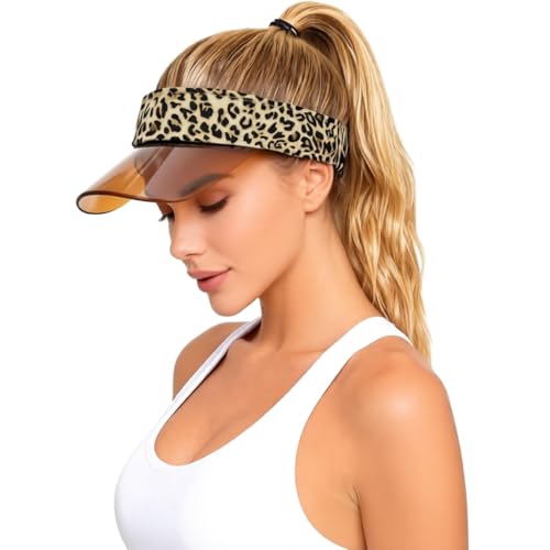 thuizen Women Lightweight Leopard Amber Brim Fashion Casual Hollow Top Visor Sun Protection Ponytail Hat, Cafe