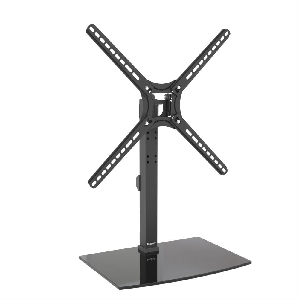Barkan Soporte Pie TV de Pedestal Superior de Sobremesa con Soporte para Pantallas de 13-​65 Pulgadas, Giratorio e inclinable, Altura Ajustable, Peso máximo 36Kg, Vidrio Templado, hasta VESA 400x400