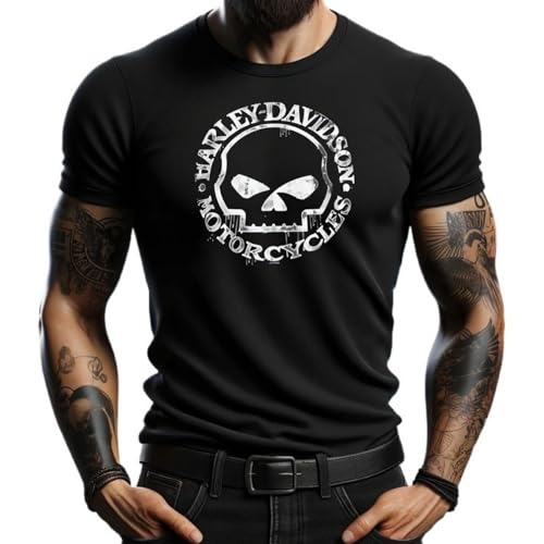 4people Schwarzes Harley T-Shirt mit Totenkopf-Logo Rebellen-Stil für Motorradliebhaber Schwarz  XL