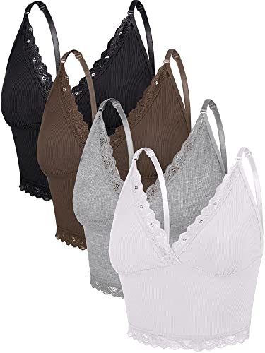 4 Pcs Women's Sleeveless Cami Crop Top Camisole Lace Trim V Neck Spaghetti Strap Tank Tops for Women Girl Ribbed Rave Clothes