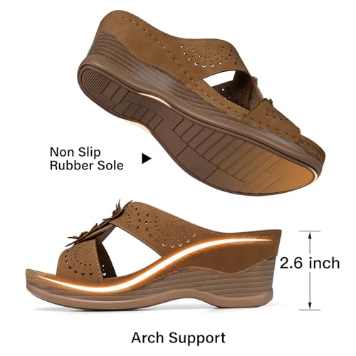 Image of TEMOFON Womens Wedge Sandals Leather: Comfortable Walking Shoes Summer | Fit Wide Foot - Cute Style - Wear True Size 5-11
