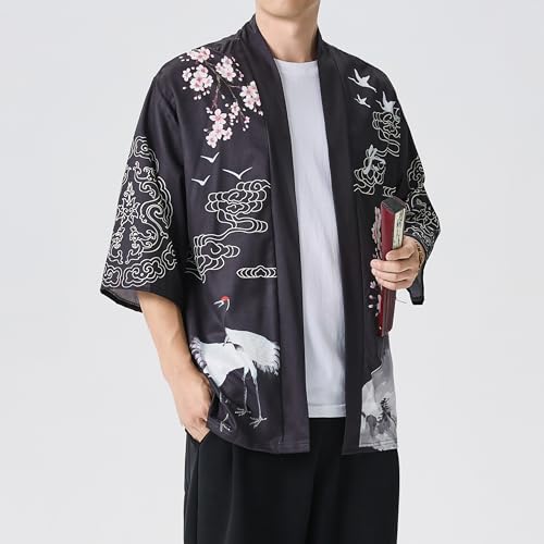 Image of PRIJOUHE Men's Lightweight Kimono Jacket Seven Sleeve Open Front Cardigan Coat Japanese Style Bathrobe