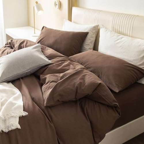 JIYUAN 100% Washed Cotton Duvet Cover Set 3 Pieces Full, 1 Duvet Cover 80x90 Inches(Comforter Not Included) and 2 Pillowcases,Linen Feel Bedding Set Comfy and Breathable,Chocolate Brown