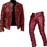 crazynekos Men's PU Leather Jacket Tracksuit Casual Sports 2 Piece Outfit Athletic Jogging Suits Sweatsuit (XX-Large,Wine red)