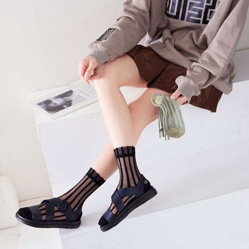 Image of Yomutuir Sheer Socks for Women, Summer Mesh Stripe Patterned Transparent Thin Lace Elastic Crystal Glass Socks