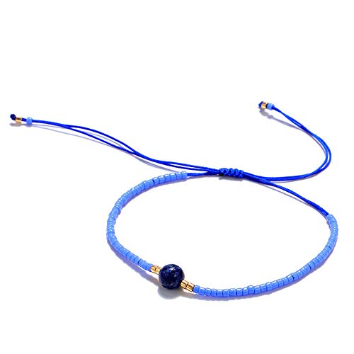 Bracelet pierre naturelle bleu pour femme tisse a la main cordon reglable
