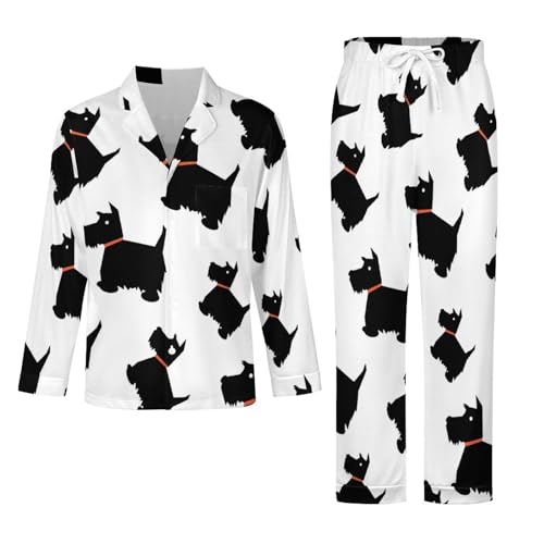 Scottish Terrier Dog Mens Long Sleeve Pajamas Set Soft Button Down Sleepwear Lounge Pjs Set with Pockets4