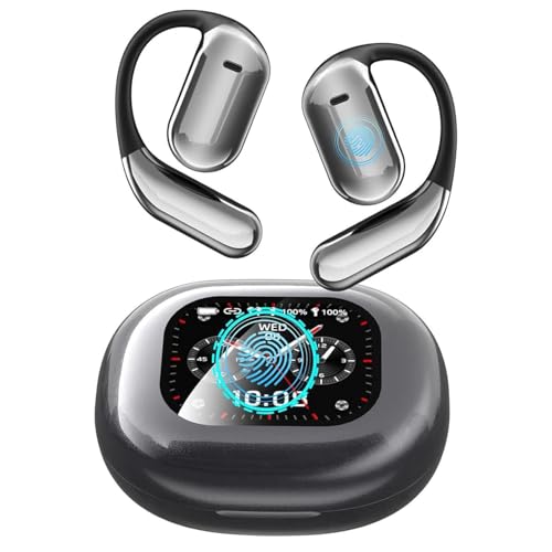 KESIEME Écouteurs Bluetooth 5.4 à oreilles ouvertes, écran tactile intelligent, 50 heures de lecture, crochet auriculaire ergonomique, microphone intégré, étui de chargement à écran LED, sport sur