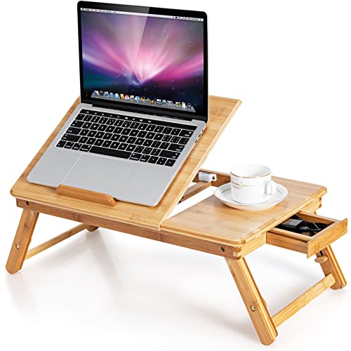 Tangkula 100% Bamboo Laptop Desk with Tilting Top & Drawer, Height Adjustable Portable Breakfast Serving Bed Tray with Heat-Dissipation Holes, Folding Bed Table for Surfing Reading Writing Eating