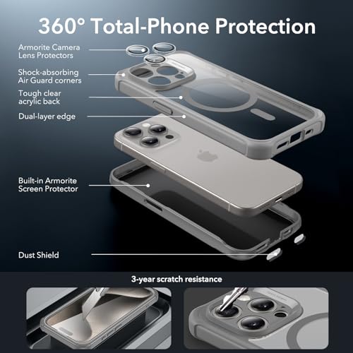 Image of ESR for iPhone 15 Pro Max Case, Compatible with MagSafe, Full-Body Military-Grade Drop Proof Case for iPhone 15 Pro Max with Built-in 9H+ Tempered Glass Screen Protector, Clear Grey