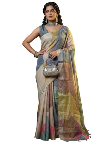 Image of AKHILAM Women's Floral Printed Handloom Cotton Silk Saree with Zari Border and Tassel Pallu Unstitched Blouse Piece | Traditional Ethnic Wear Sarees | Women saree silk | Festive Sari Women's