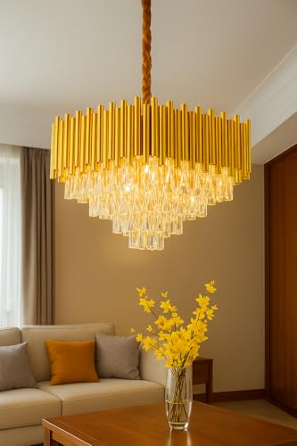 Image of TRIXY Chandeliers Lights for Ceiling Pure Gold Square Crystal Hanging Pendant Light Lamp | 3 Tier, K9 Crystal 400mm Jhoomar Fixture for Bedroom, Dining Room, Living Space Modern Home Lighting