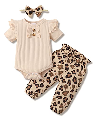 Image of Newborn Baby Girl Clothes 0-18M Infant Ruffle Romper Bodysuit, Long Sleeve Tops Floral Pant Outfits Set + Headband