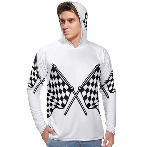 Mens UPF 50+ Sun Protection Hoodie Rash Guard Long Sleeve Sun Shirt Hiking Checkered Flags Race Flag Fishing Hoodie-2