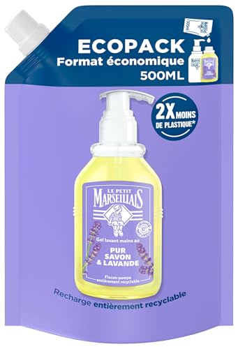 Le Petit Marseillais - Recambio de gel para manos puras, jabón y lavanda (Ecopack de 500 ml) - Recambio de jabón líquido para vial bomba - Jabón manos con aceite esencial de lavanda