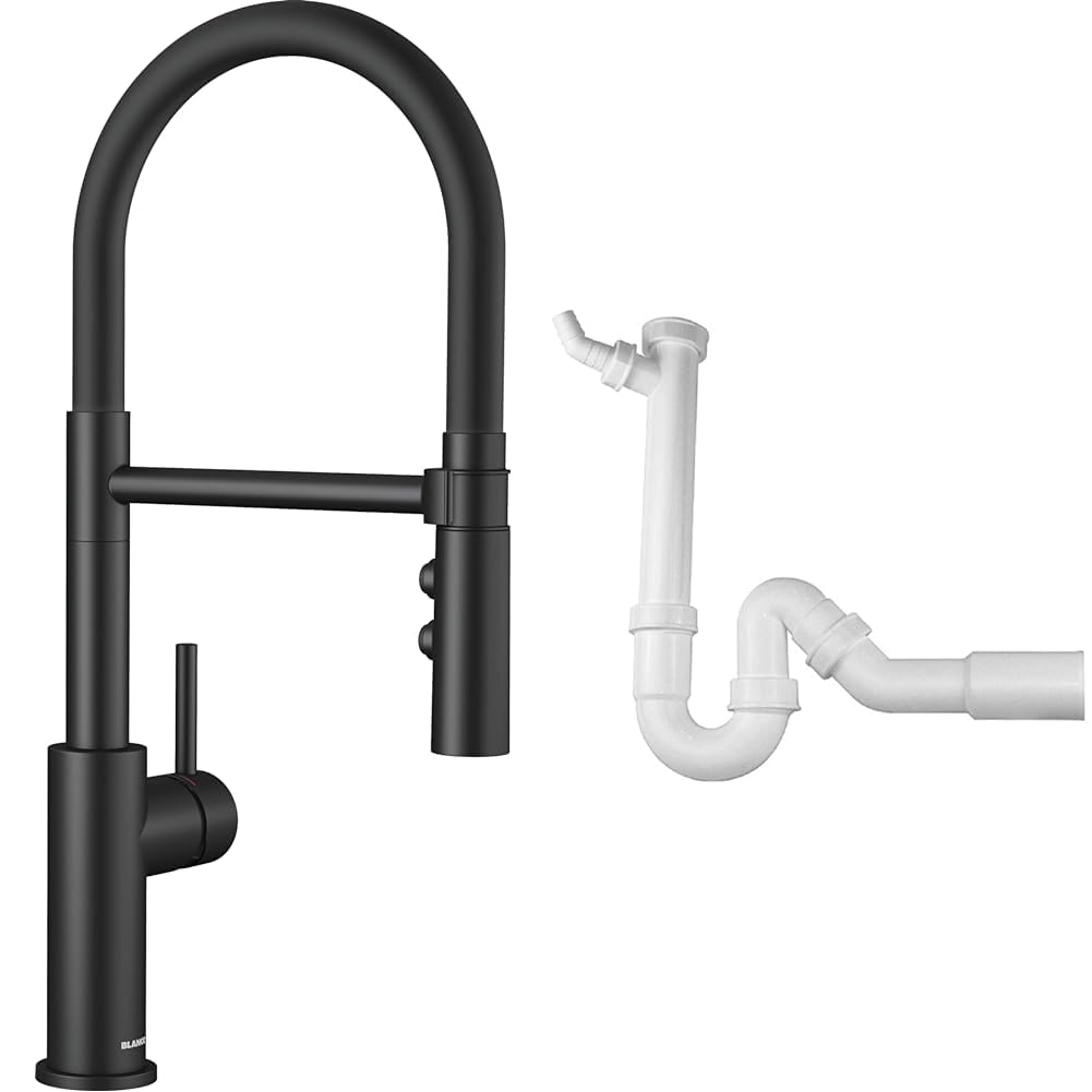 BLANCO CATRIS-S Flexo | Küchenarmatur in schwarz matt & Geruchsverschluss (Siphon) 1,5'' x 50 mm (Abgang Ø=40 oder 50 mm)
