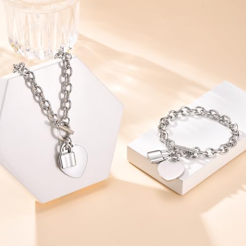 VNOX Personalized Initial Name Stainless Steel Trendy Cable Chain Bracelet Neckalce Set with Padlock Heart Charm and Toggle Clasp Closure4