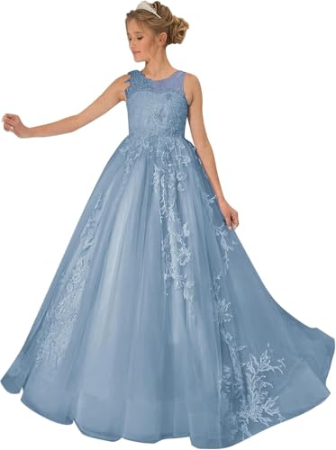 Girls Tulle Flower Girl Dresses for Wedding Lace Appliques Princess Pageant Dress Long First Communion Dress for Girls