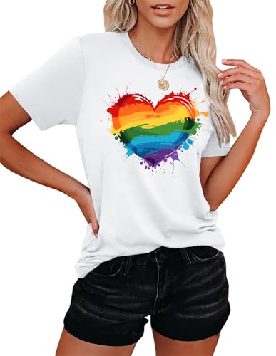 hohololo LGBT Pride Shirt for Women Rainbow Heart Pattern T-Shirts Ladies Casual Queer Short Sleeve (White-a M)