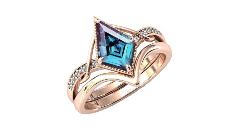 Kite Shaped Alexandrite Engagement Ring Set 14k Gold Alexandrite Art Deco Wedding Ring Set Vintage Alexandrite Bridal Anniversary Ring Set (QS-AL-72)2
