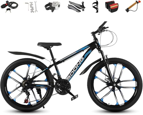 マウンテンバイク グラベルロードバイク MTB 24 26インチ 24段変速 高炭素鋼フレーム 前後ディスクブレーキ器 フロントサスペンション 初心者 通勤 通学 子供用 高校生 大人用 バイク クロスバイク 男女兼用 通勤 通学 旅行 街乗 (青と黒,