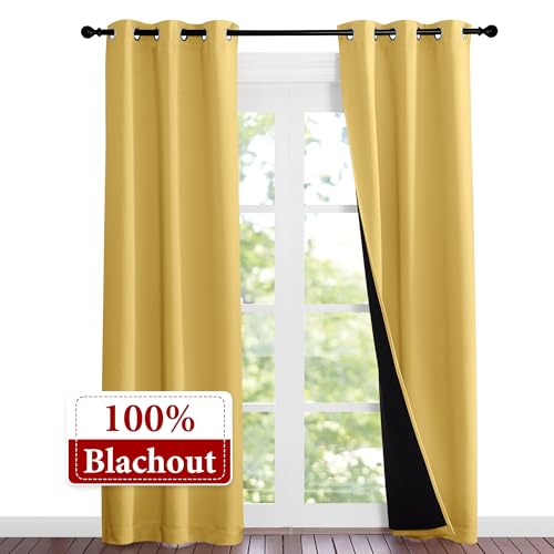 Image of NICETOWN Bright Yellow Full Shade Curtain Panels, Pair of Thermal Insulated & Energy Efficiency Blackout Drapes for Living Room Windows, Lined Silky Performance Window Dressing (37 inch Wide x 84 inch Long)