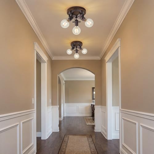 Image of 3-Light Rustic Track Lighting, Adjustable Flush Mount Ceiling Light with Espresso Wood Base, Dark Bronze Ceiling Track Light for Kitchen Island, Dining Room, Hallway, Entryway