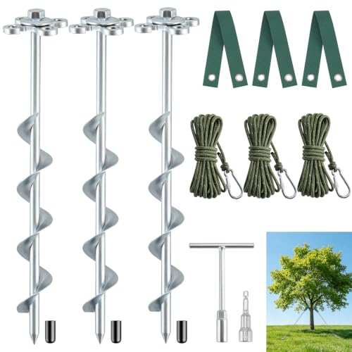 Ciyivak Spiral Tree Stakes and Supports Kit for Young & Leaning Trees | Heavy Duty Tree Straightening Kit with Reflective Rope, Carabiner & Tree Straps for Multiple Trees and Outdoor Anchoring