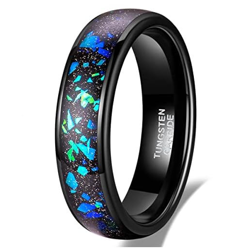 TRUMIUM 6mm Black Tungsten Rings for Men Women Wedding Bands Galaxy Opal Sandstone Inlay Beveled Edges Comfort Fit Size 10
