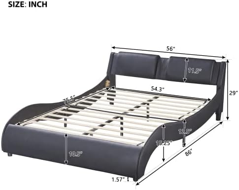 Miniatura 2 de Marco de cama matrimonial con luces LED, moderno marco de cama LED de bajo perfil con cabecero, marco de cama tapizado de piel sintética ondulada de