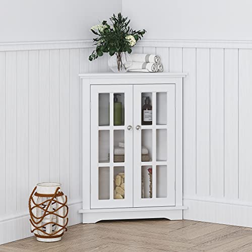 Spirich Home Bathroom Corner Storage Cabinet, Floor Display Storage Cabinet With Windowpane Glass Doors And Adjustable Shelves For Bathroom, Kitchen, Living Room Or Bedroom, White #TOP11