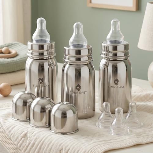 Image of StarAndDaisy Baby Milk Bottle for new Born /Infant /Toddler Pack of 3-150 ML SUS 304 Steel Baby Feeding Bottle for 0+ Months, BPA Free Leakproof Bottle, Anti Colic, Easy to Clean & Extra Nipple