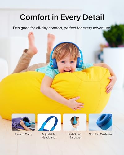 Belkin SoundForm Mini Kids Wired Headphones with USB-C to 3.5mm Dongle, Built-in Mic & Fun Stickers, 85dB Max Volume – for Online Learning, Travel, Compatible with iPhone, iPad, Galaxy, etc - Blue