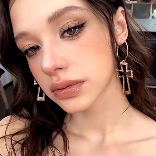 Chunky Gold Cross Earrings for Women Boho Hammered Earrings Bold Thick Big Cross Drop Dangle Earrings for Women Vintage Statement Jewelry3