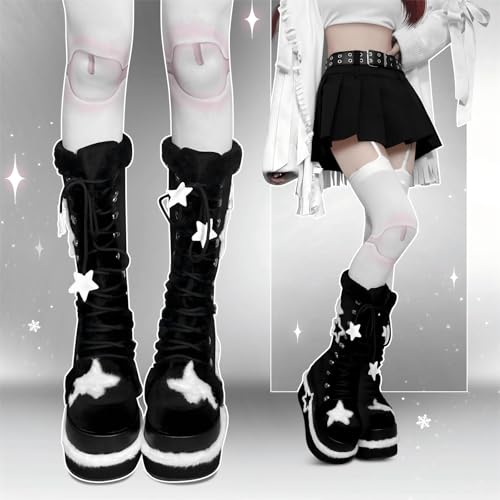 GURURU Women's Goth Boots with Bone Shape Elements - Mid Calf, Chunky High Heel, Punk Goth, Warm Fur Platform Boots2