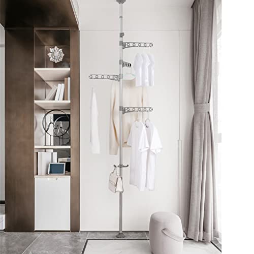 Dahoomii 4-Tier Extendable Laundry Pole Clothes Drying Rack Tension Rod Corner Metal Coat Tree Hanger Garment Stand Gray #TOP4