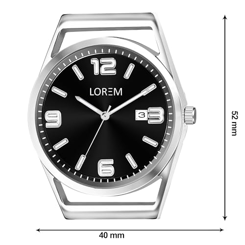 Image of LOREM Men's Stainless Steel Watch, Black Round Dial, Silver Band, Date Display, Quartz Movement