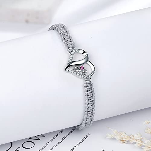 J.Endéar Sister Heart Bracelet for Women 925 Sterling Silver, Cubic Zircon Bracelet Handmade Braided Rope String Jewelry Adjustable 16+8cm, Grey4