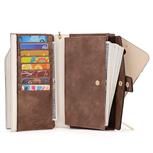 Image of UTO Wallet Women Vegan Leather Wristlet Snap Long Purse Credit Card Holder Elegant Clutch, 0459 Beige with Brown, Large, Compact