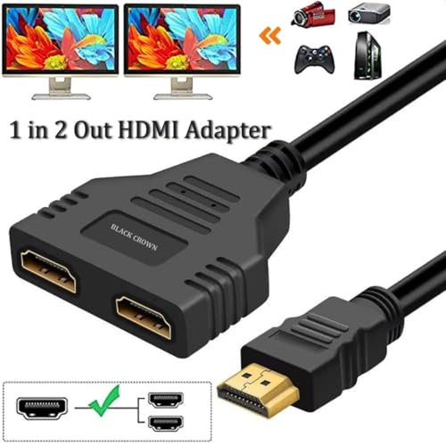 Image of BLACK CROWN HDMI Cable Splitter, HDMI 1x2 Splitter Cable, HDTV 1 in 2 Out HDMI Converter Adapter, HD-MI Male HD-MI to Dual Female 1 to 2 Way for PC,Gaming Consoles, HD, LED, LCD, TV. Black (PACK OF 5)