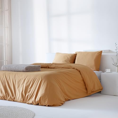 COTTON ARTean Funda Nórdica Cama 200 Percal Algodón 200 Hilos Noa Mostaza. Funda edredón 280x240 + 2 Fundas de Almohada. Cierre Botones.
