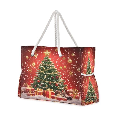 Large Beach Bags Totes Canvas Tote Shoulder Bag Christmas Tree Gift Box Water Resistant Bags for Gym Travel Daily