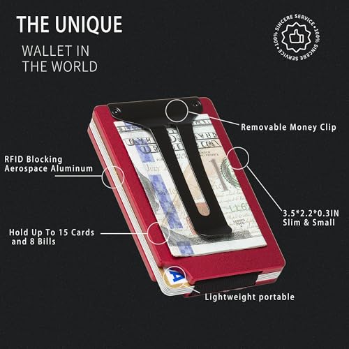Image of Minimalist Wallet for Men, Slim Metal RFID Blocking Wallet Credit Card Holder Money Clip & Cash Strap, Scratch-Resistant Holds 15 Cards,Ideal Gift for Men | Matt Red