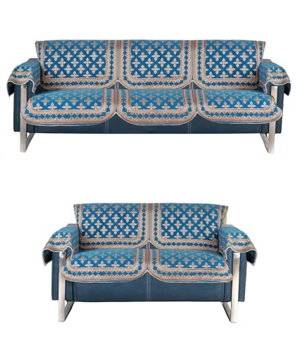 Image of Premium Chenille Woven Anti-Slip 3 Seater + 2 Seater Sofa Cover with Arm Rest | L-Shape Sofa Seat Protector for Living Room | Durable & Stylish Slipcover - Turquoise - Floral