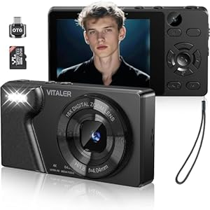 Digital Camera 4K 64MP Compact Camera with Dual Lens,2000mAh Battery,2.8″ IPS Screen,18X Digital Zoom,32GB Micro SD Card and OTG Adapter Auto-Focus Small Camera for Kids,Teenagers,Beginners(Black)