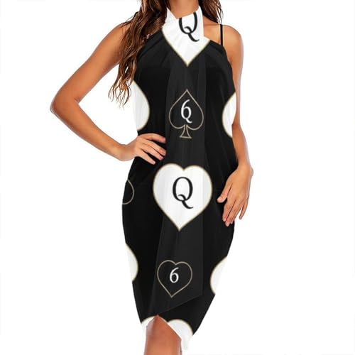 Meaudiwes Women's Elegant Chiffon Shawl Lightweight Bikini Cover Up for Vacation Swim and Evening Dresses, Golden Queen Of Spades Printed Black Fashion Scarves