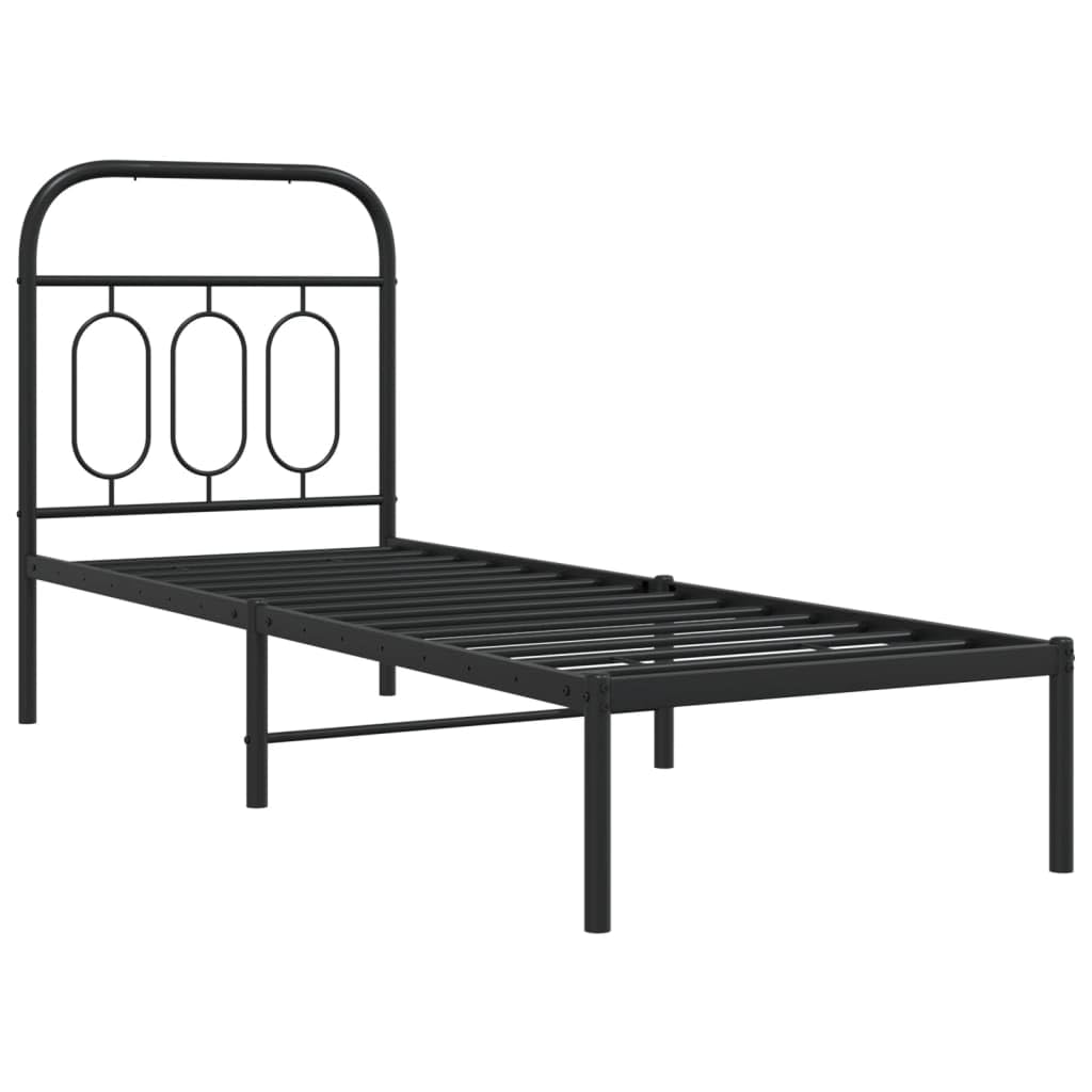 Black Metal Bed Frame 75x190 cm with Headboard | Features a steel slat platform that eliminates the need for a box spring and provides under-bed storage.