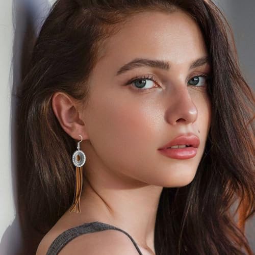 Boho Western Cowgirl Earrings for Women Vintage Leather Tassel Long Drop Earrings Bohemian Brown Leather Earrings Western Trendy Jewelry for Women3